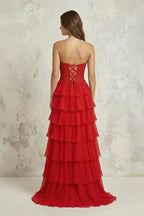 Robe longue rouge en mousseline coupe trapèze bustier à corset - Harana