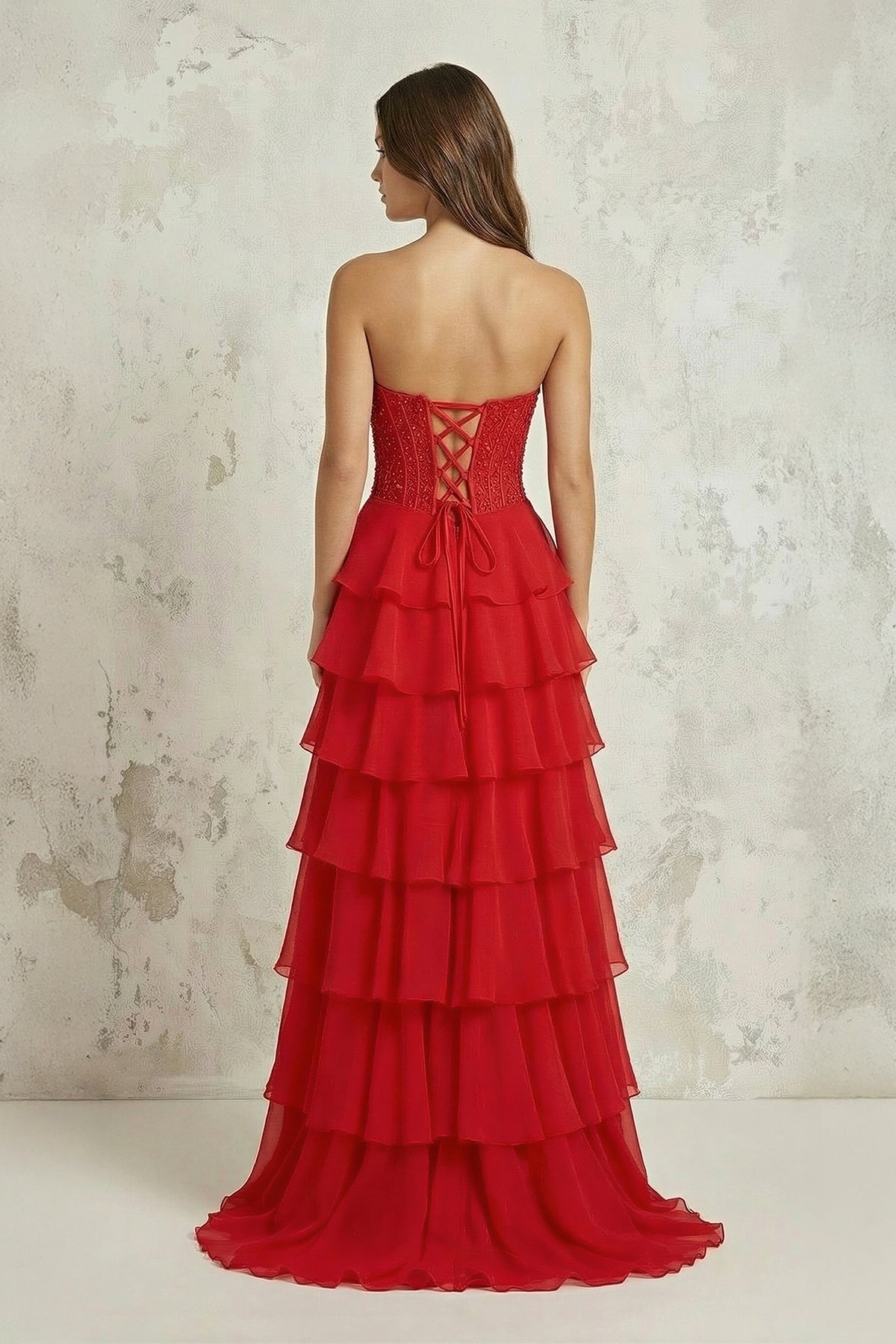 Robe longue rouge en mousseline coupe trapèze bustier à corset - Harana