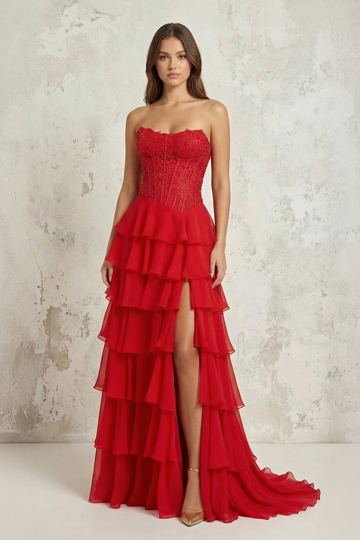 Robe longue rouge en mousseline coupe trapèze bustier à corset - Harana
