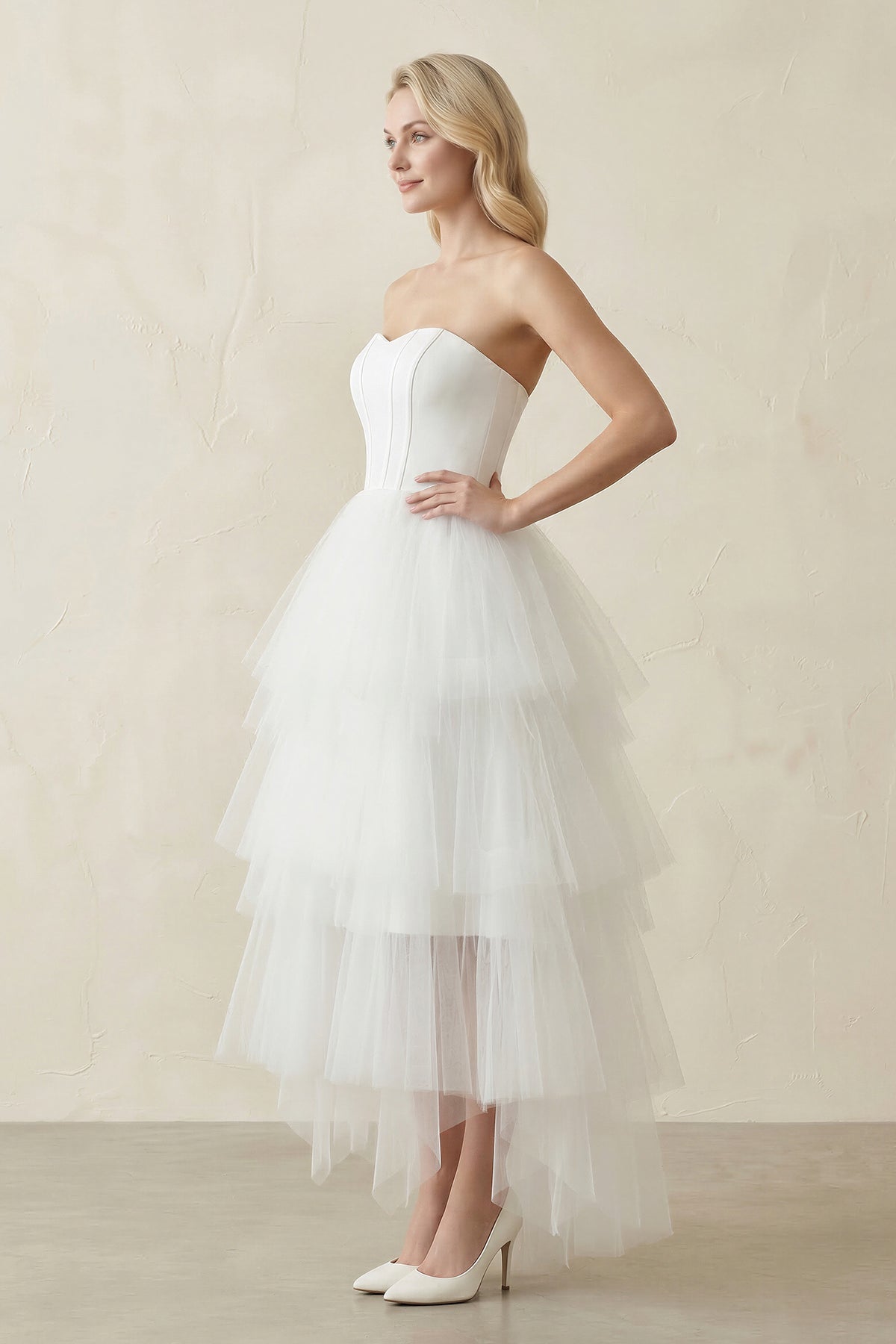 Robe de mariée blanche trapèze en dentelle bustier sans manches - Harana