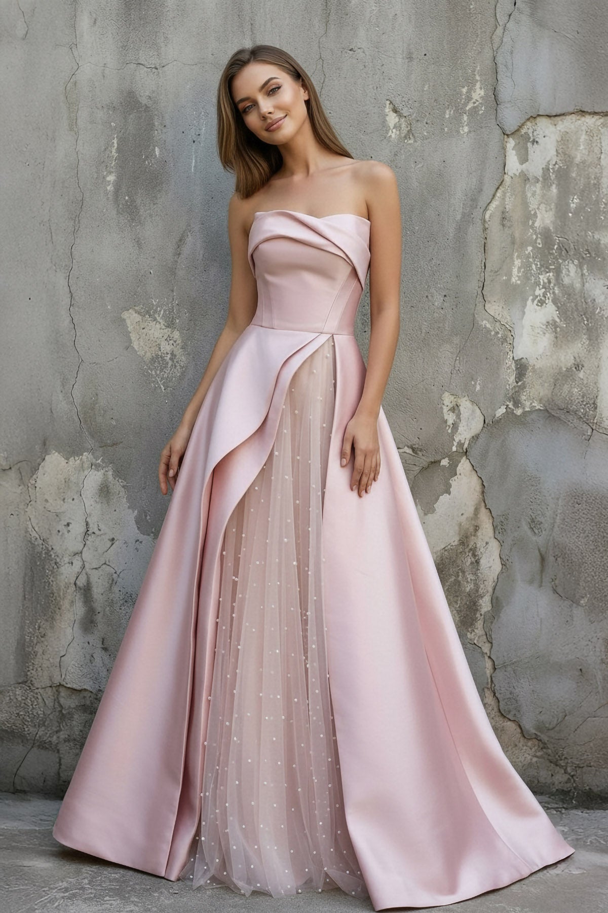 Robe longue rose satinée bustier - Harana