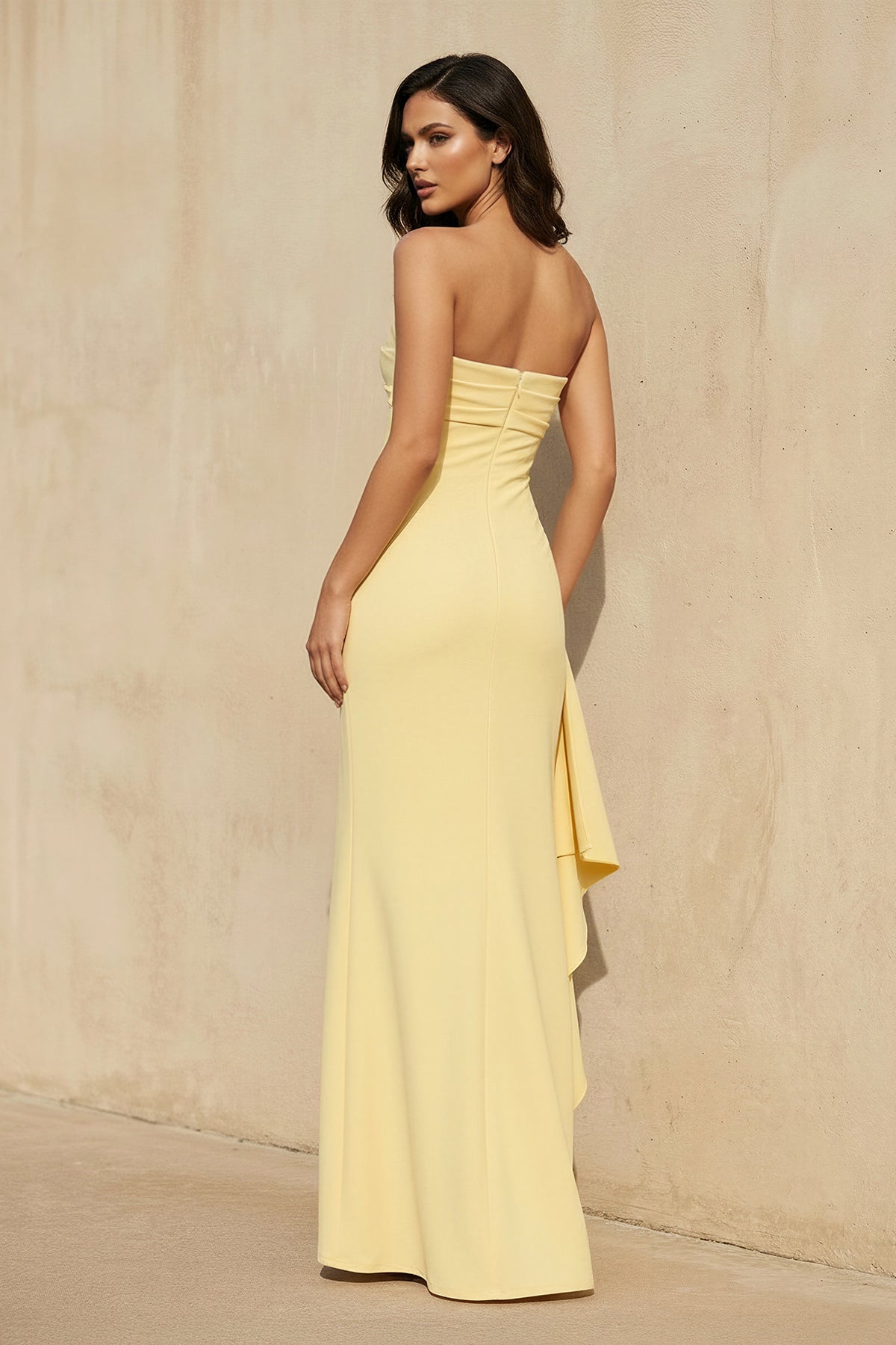 Robe longue jaune bustier avec fente à volants - Harana