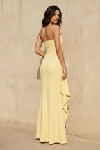 Robe longue jaune bustier avec fente à volants - Harana