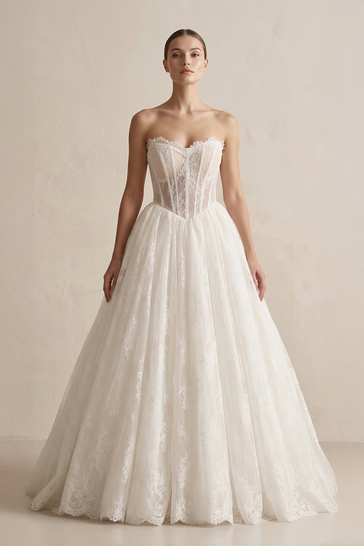 Robe de mariée ivoire longue bustier sans manches à dentelle - Harana