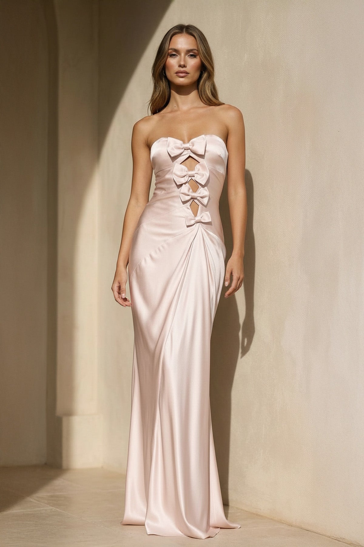 Robe longue rose poudré bustier avec nœud - Harana