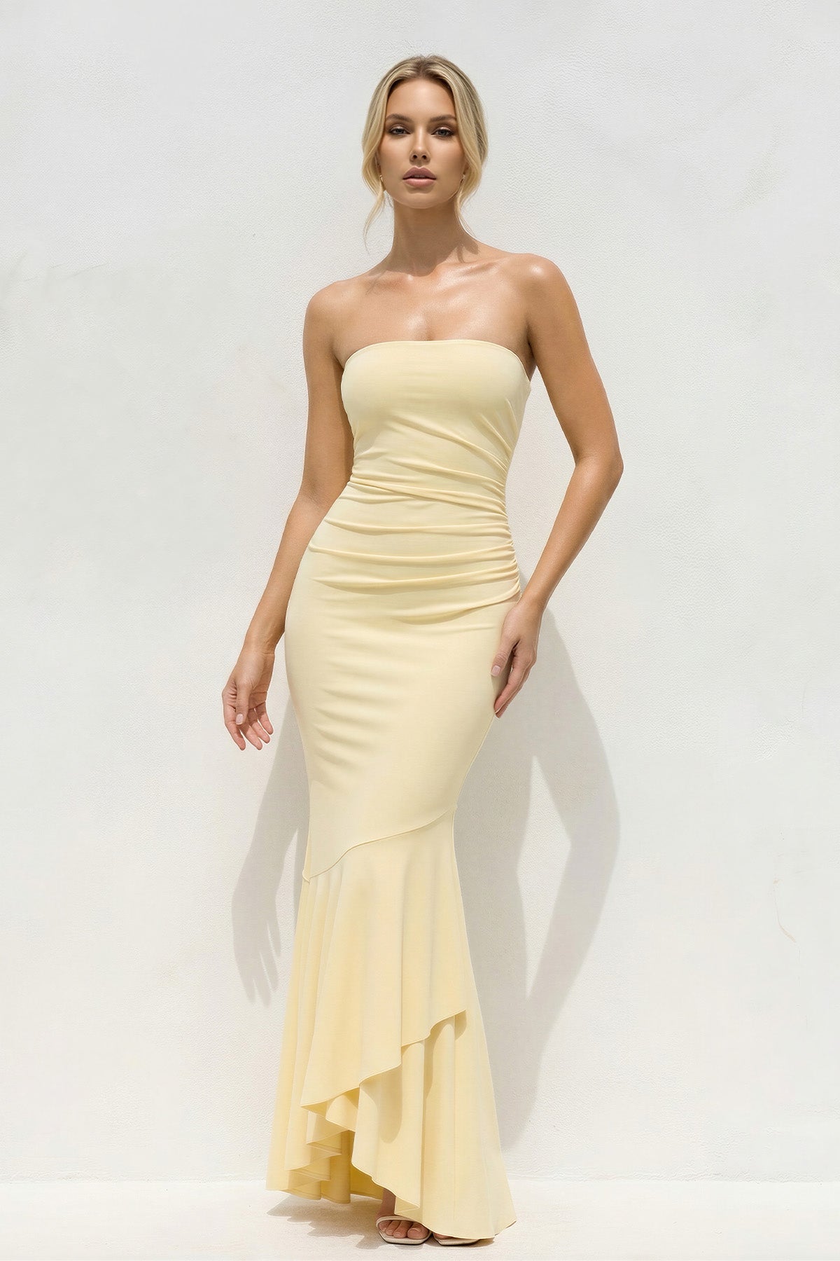 Robe longue jaune coupe sirène bustier à volants - Harana