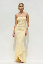 Robe longue jaune coupe sirène bustier à volants - Harana