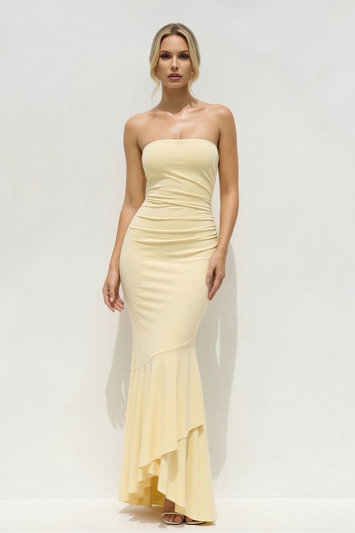 Robe longue jaune coupe sirène bustier à volants - Harana