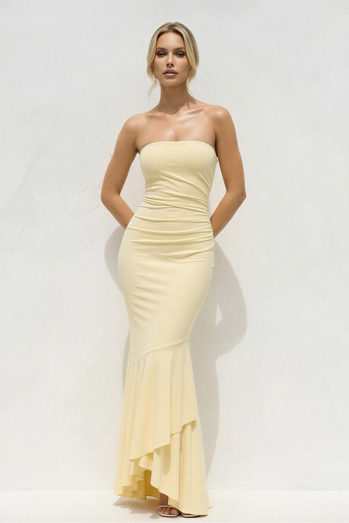 Robe longue jaune coupe sirène bustier à volants - Harana