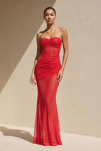 Robe longue rouge coupe sirène bustier plissée - Harana