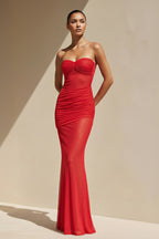 Robe longue rouge coupe sirène bustier plissée - Harana