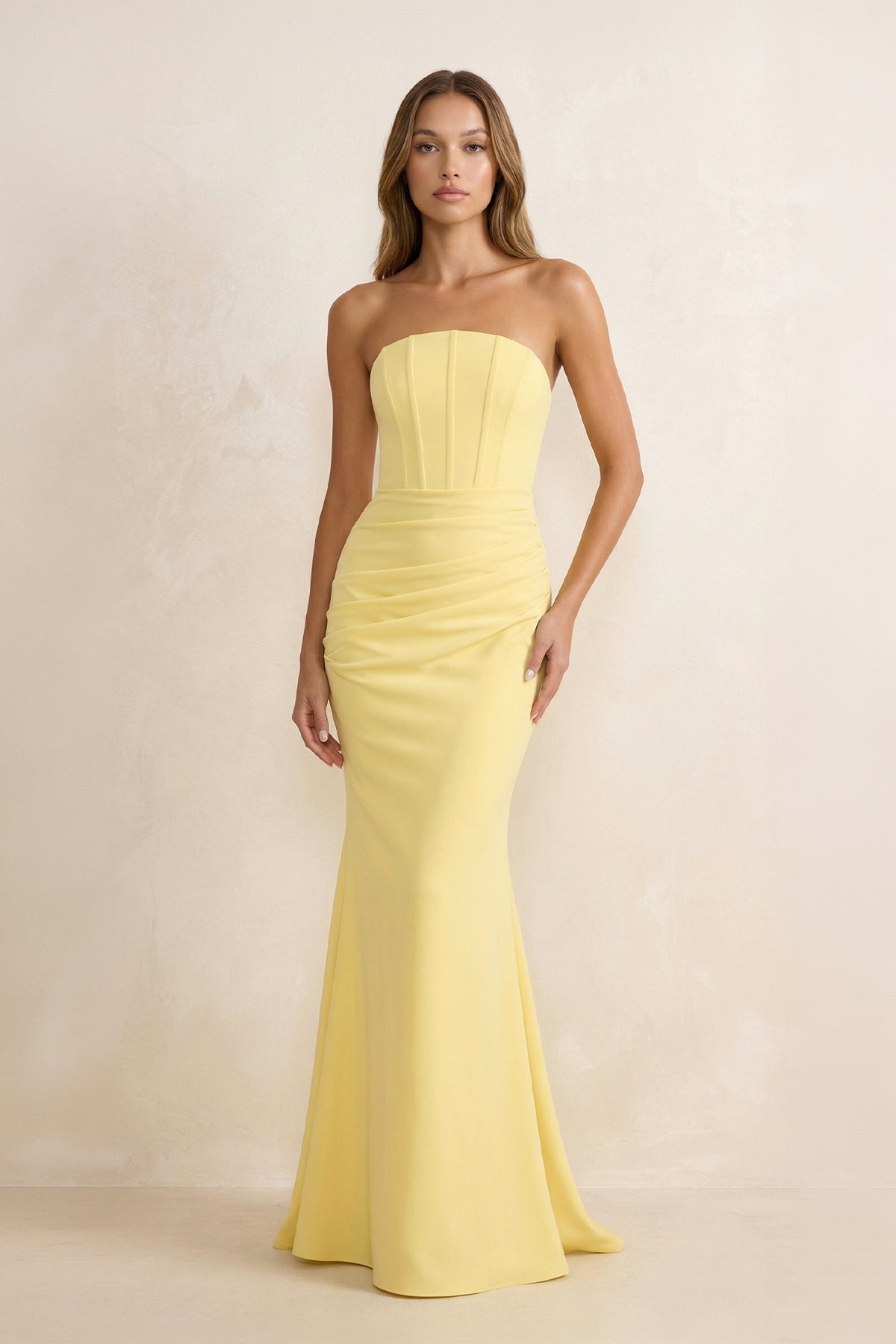 Robe longue jaune coupe sirène bustier plissée - Harana