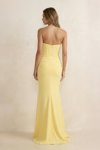 Robe longue jaune coupe sirène bustier plissée - Harana