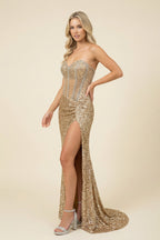 Robe longue doré pailletée coupe sirène bustier avec fente - Harana
