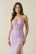 Robe lilas longue en tulle coupe sirène bustier avec fente - Harana