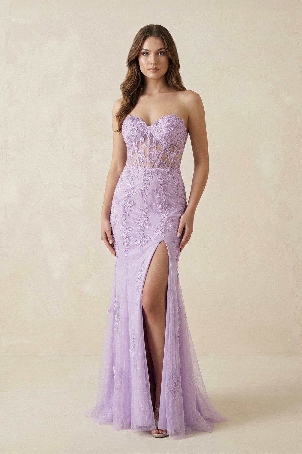 Robe lilas longue en tulle coupe sirène bustier avec fente - Harana