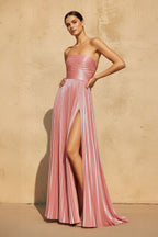 Robe longue rose métallisée bustier plissée - Harana