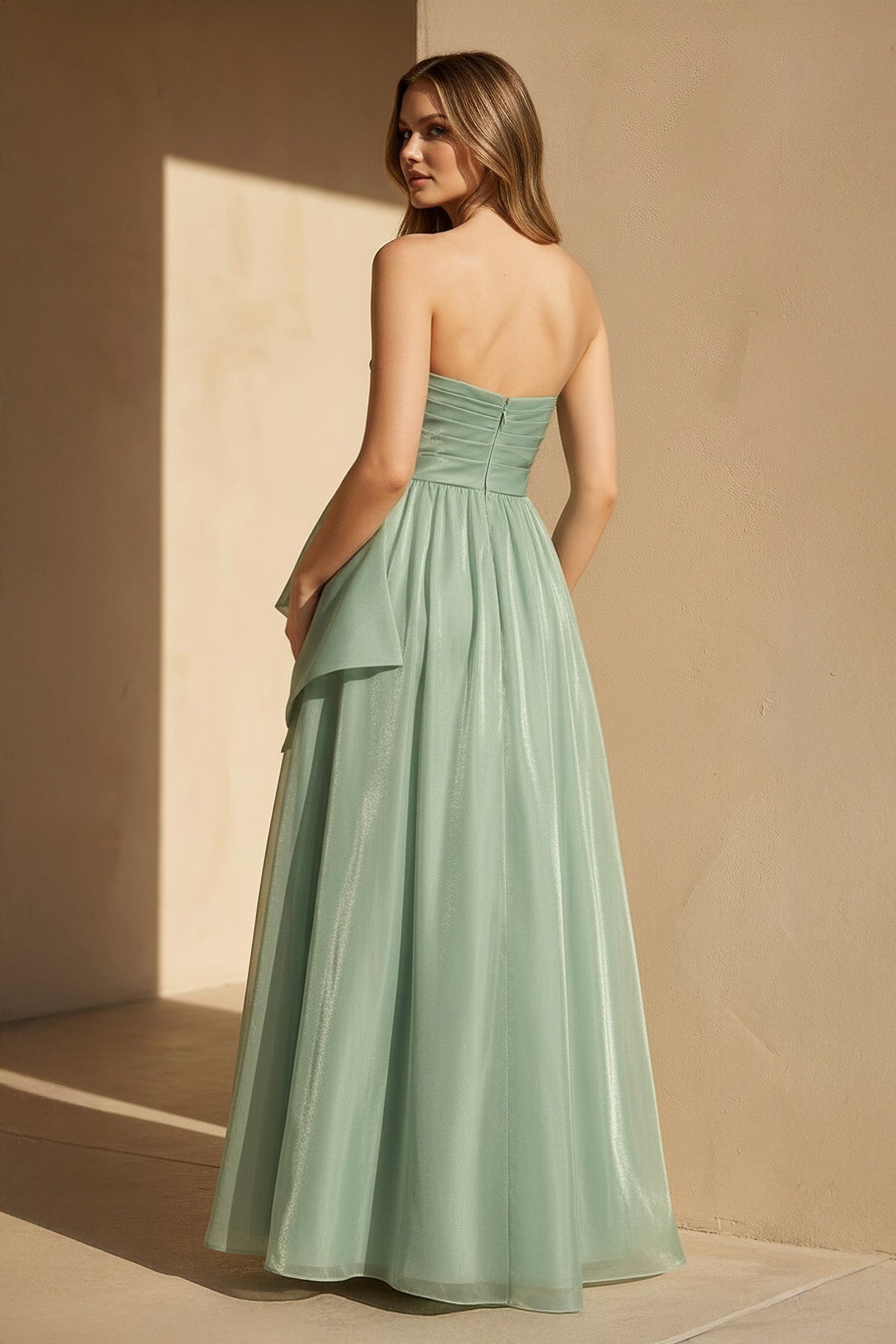 Robe longue pale pistachio bustier avec nœud - Harana