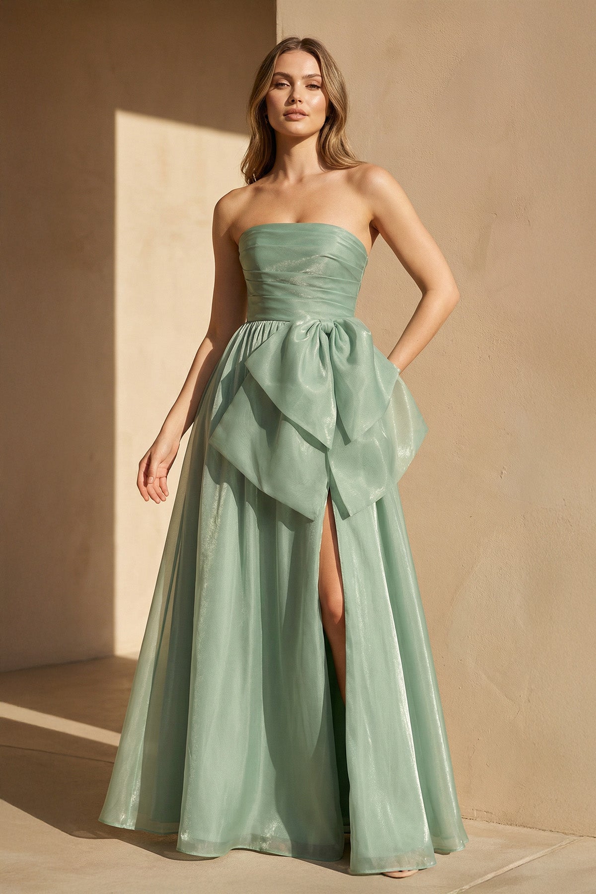 Robe longue pale pistachio bustier avec nœud - Harana