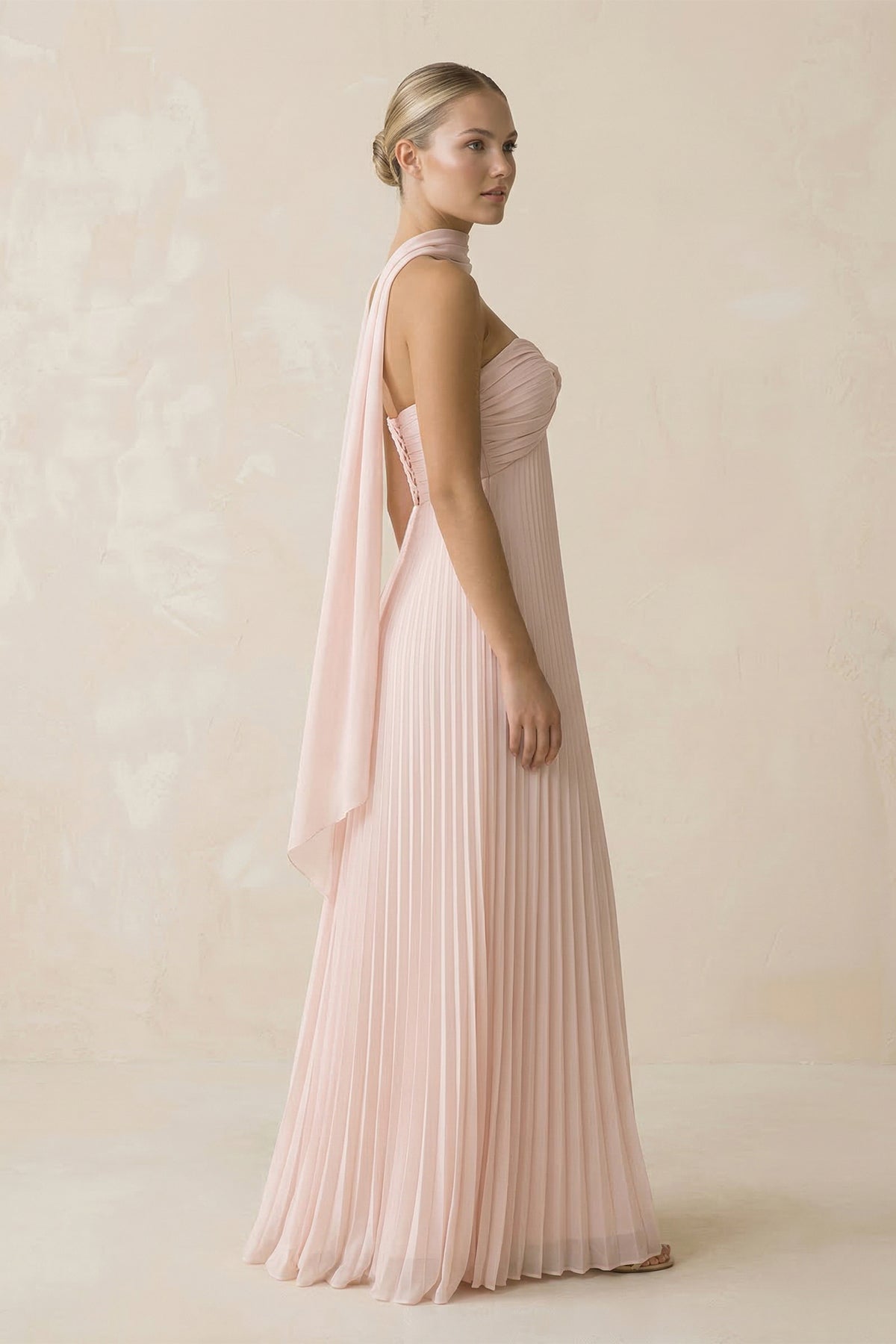 Robe longue rose poudré coupe trapèze bustier plissée - Harana