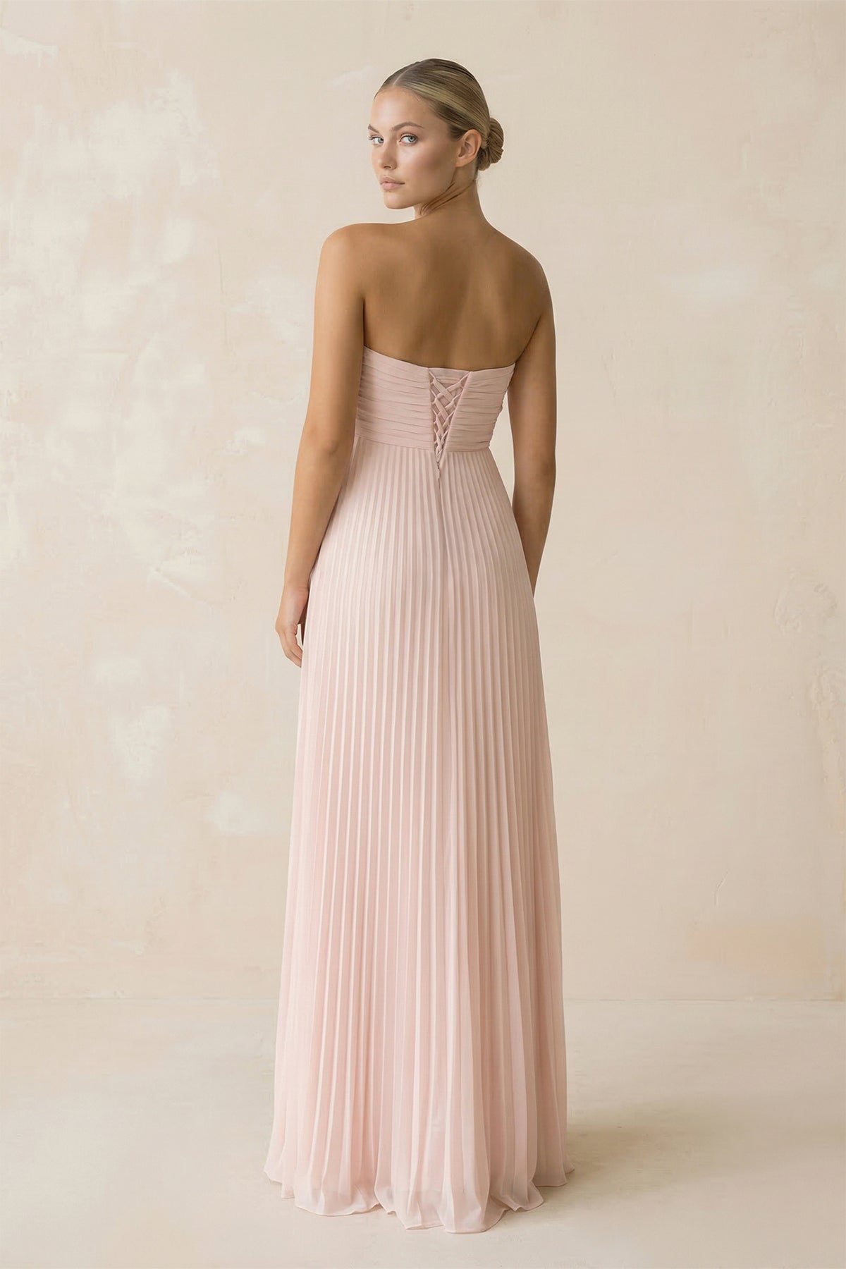 Robe longue rose poudré coupe trapèze bustier plissée - Harana