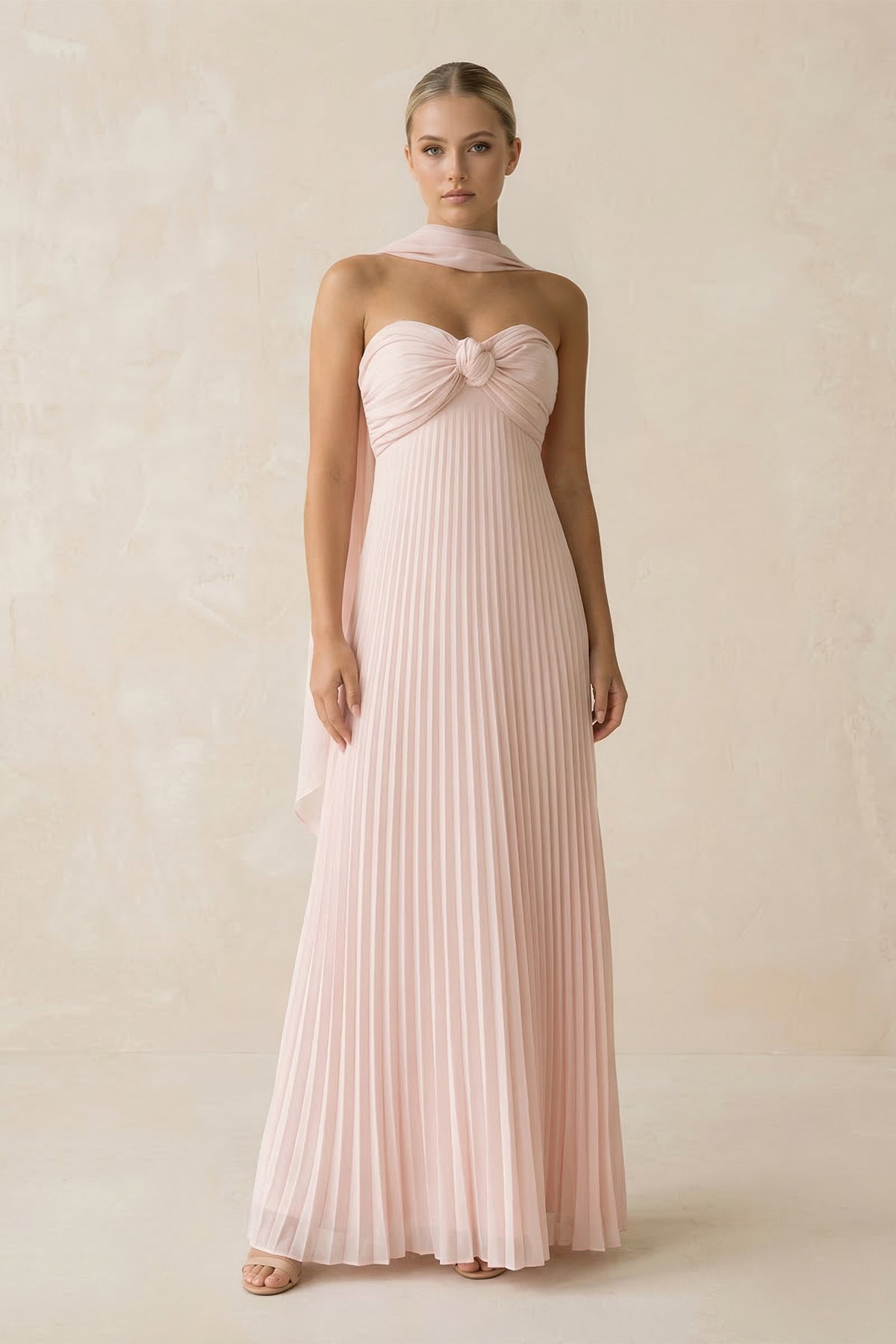 Robe longue rose poudré coupe trapèze bustier plissée - Harana