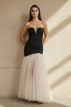 Robe longue black & ivory bustier avec fente plissée - Harana