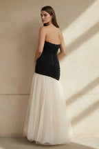 Robe longue black & ivory bustier avec fente plissée - Harana