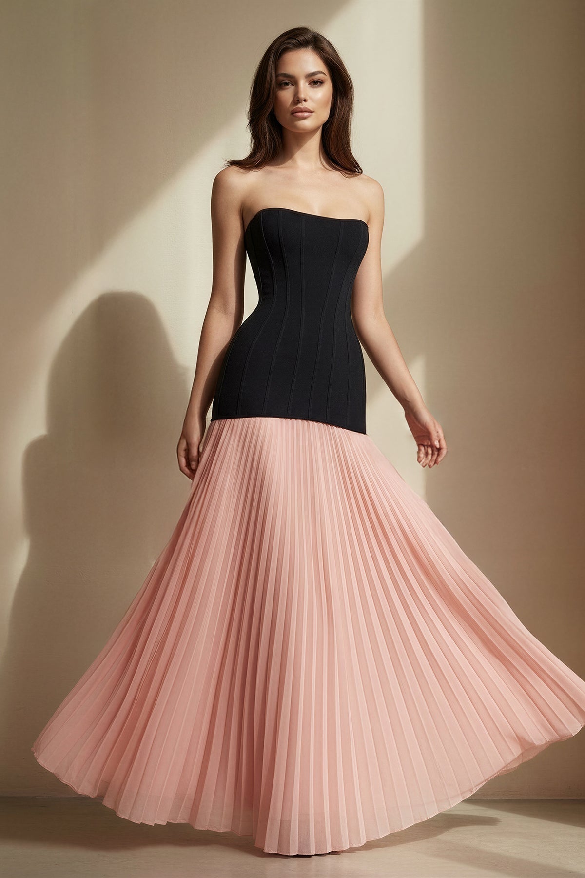 Robe longue black & pink bustier plissée - Harana