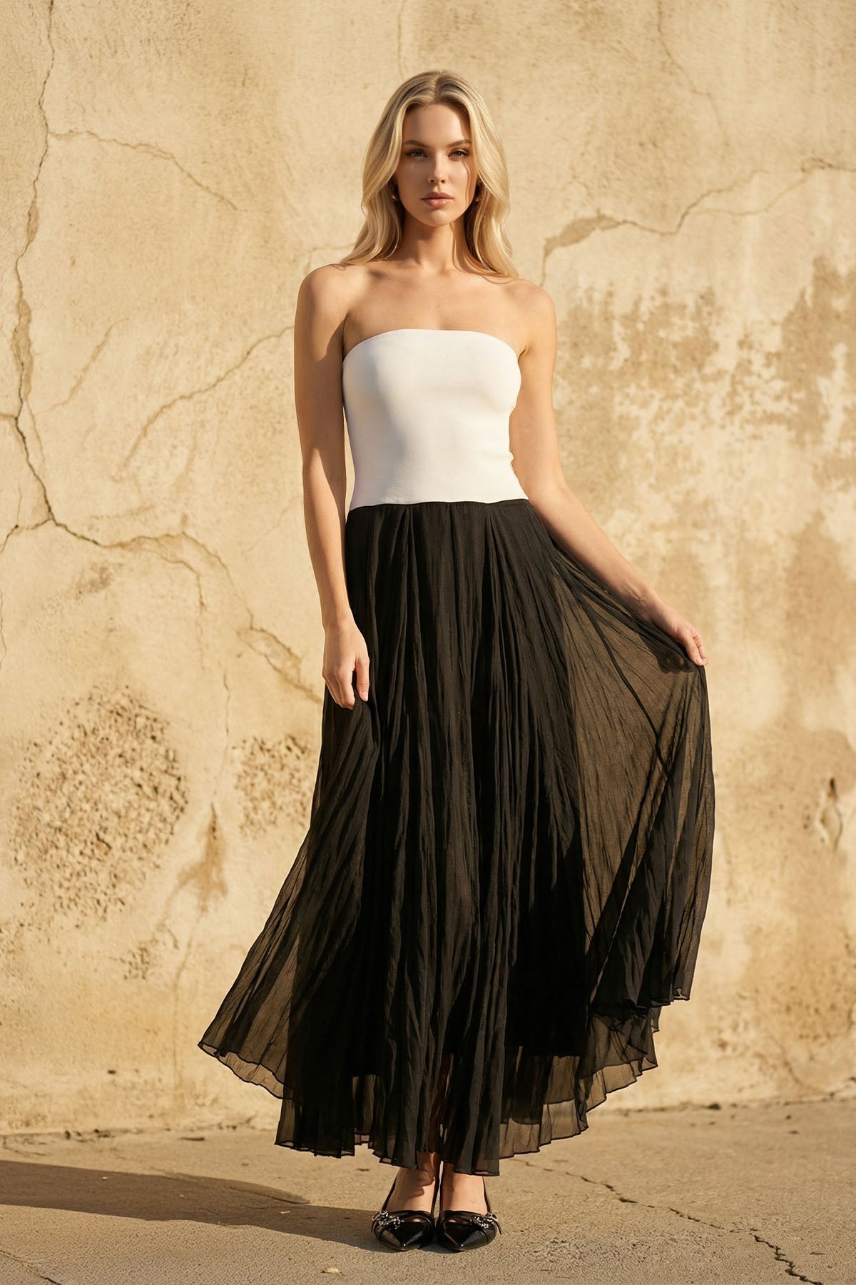 Robe longue black & white bustier plissée - Harana