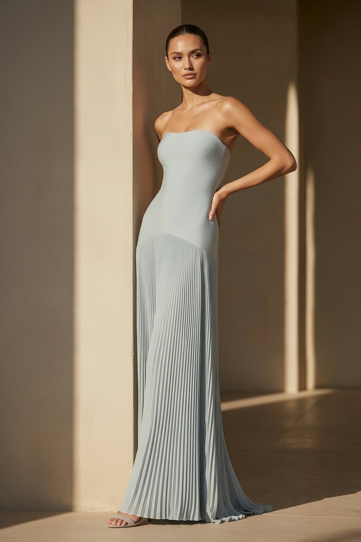 Robe longue bleu poudré bustier plissée - Harana