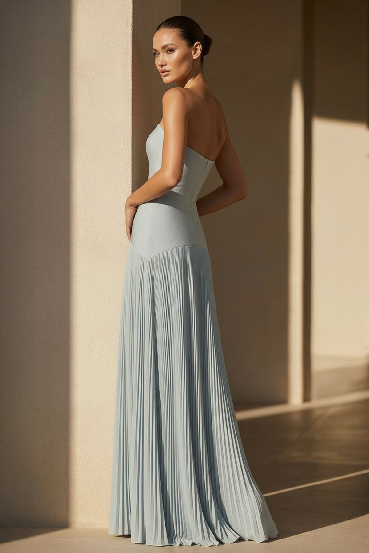 Robe longue bleu poudré bustier plissée - Harana