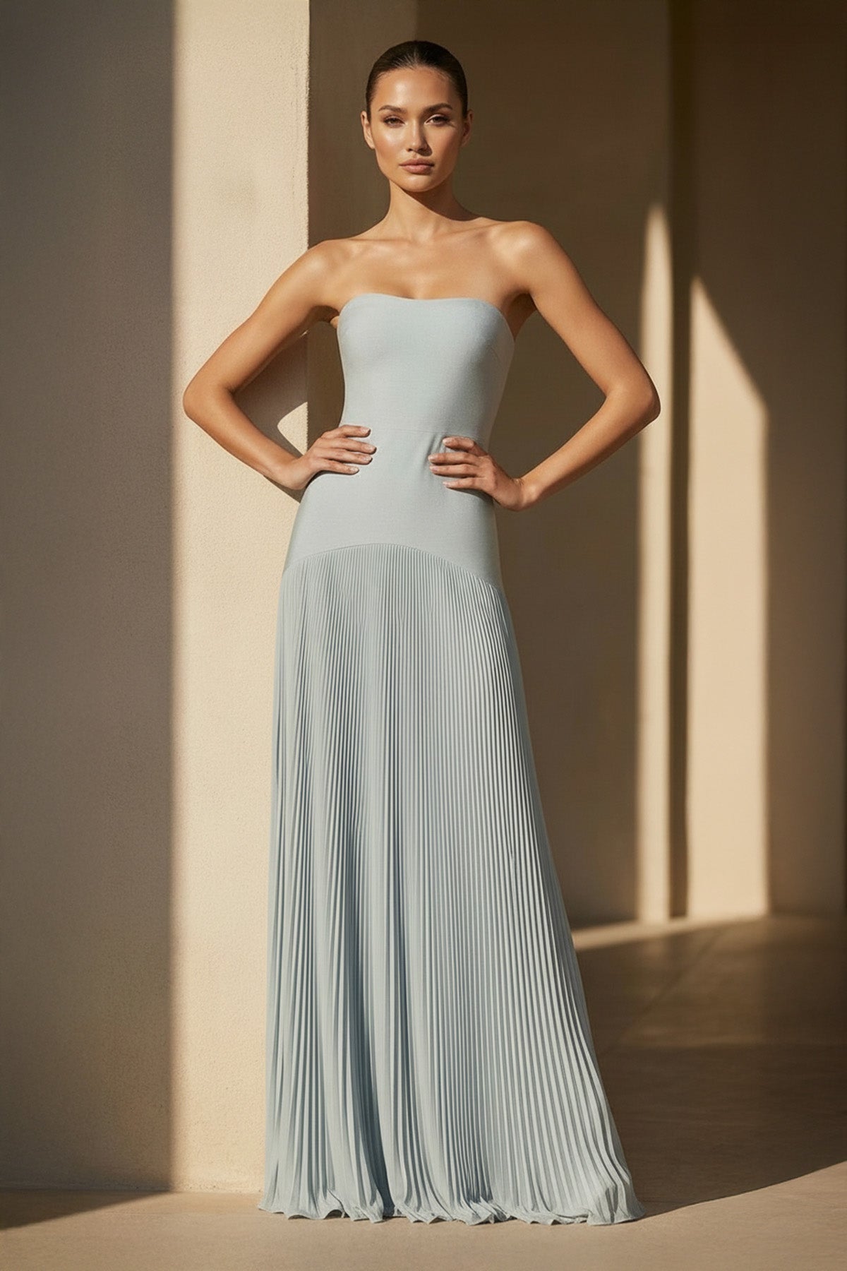 Robe longue bleu poudré bustier plissée - Harana