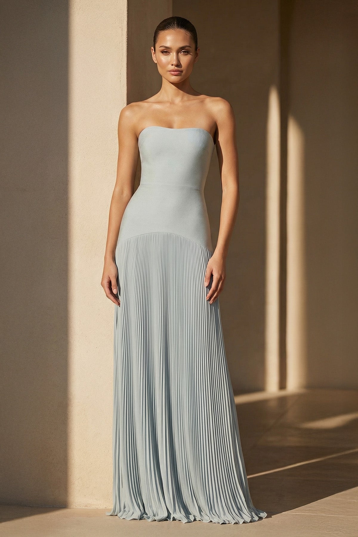 Robe longue bleu poudré bustier plissée - Harana