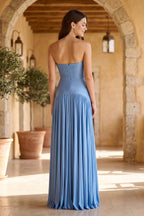 Robe bleu acier longue bustier plissée - Harana