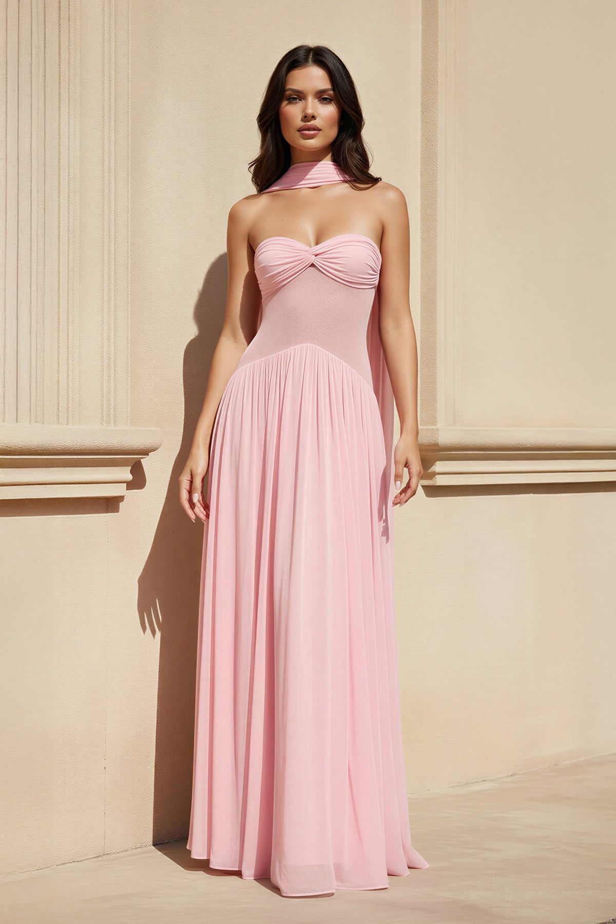Robe longue rose bustier plissée - Harana