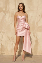 Robe courte rose bustier plissée avec nœud - Harana