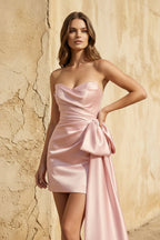 Robe courte rose bustier plissée avec nœud - Harana