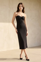 Robe midi noir bustier plissée - Harana