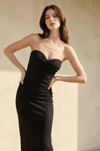 Robe midi noir bustier plissée - Harana
