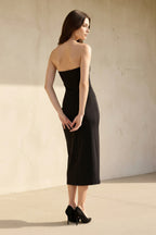 Robe midi noir bustier plissée - Harana