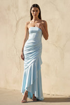 Robe longue bleu ciel bustier effet drapé - Harana