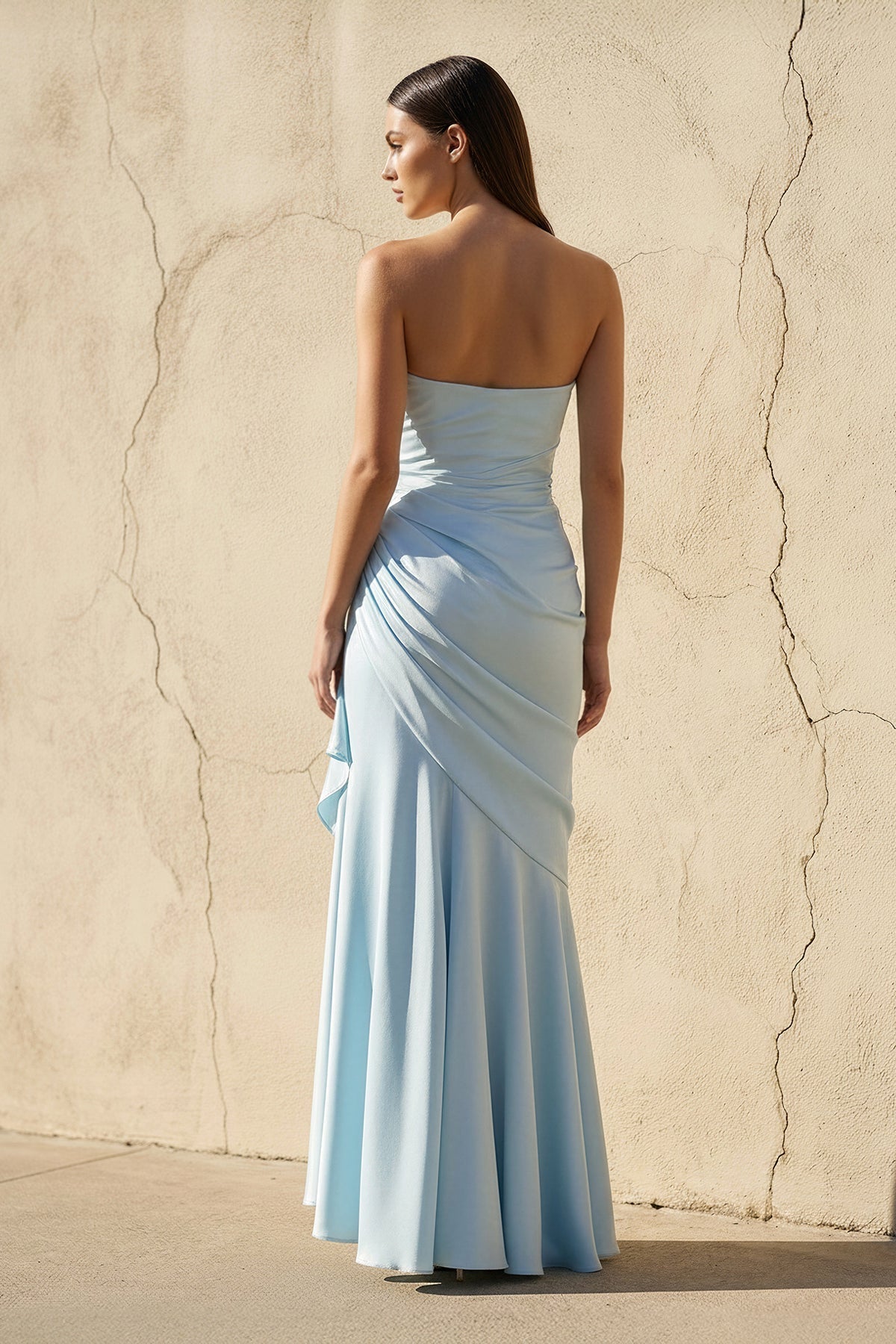 Robe longue bleu ciel bustier effet drapé - Harana