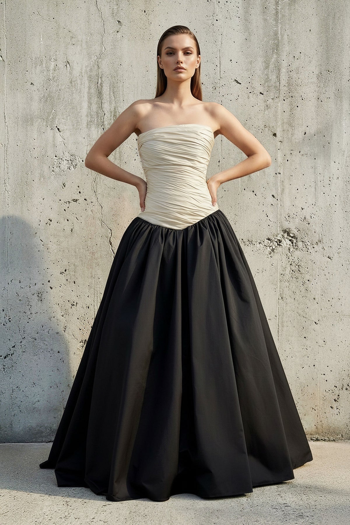 Robe longue black & ivory bustier effet drapé - Harana
