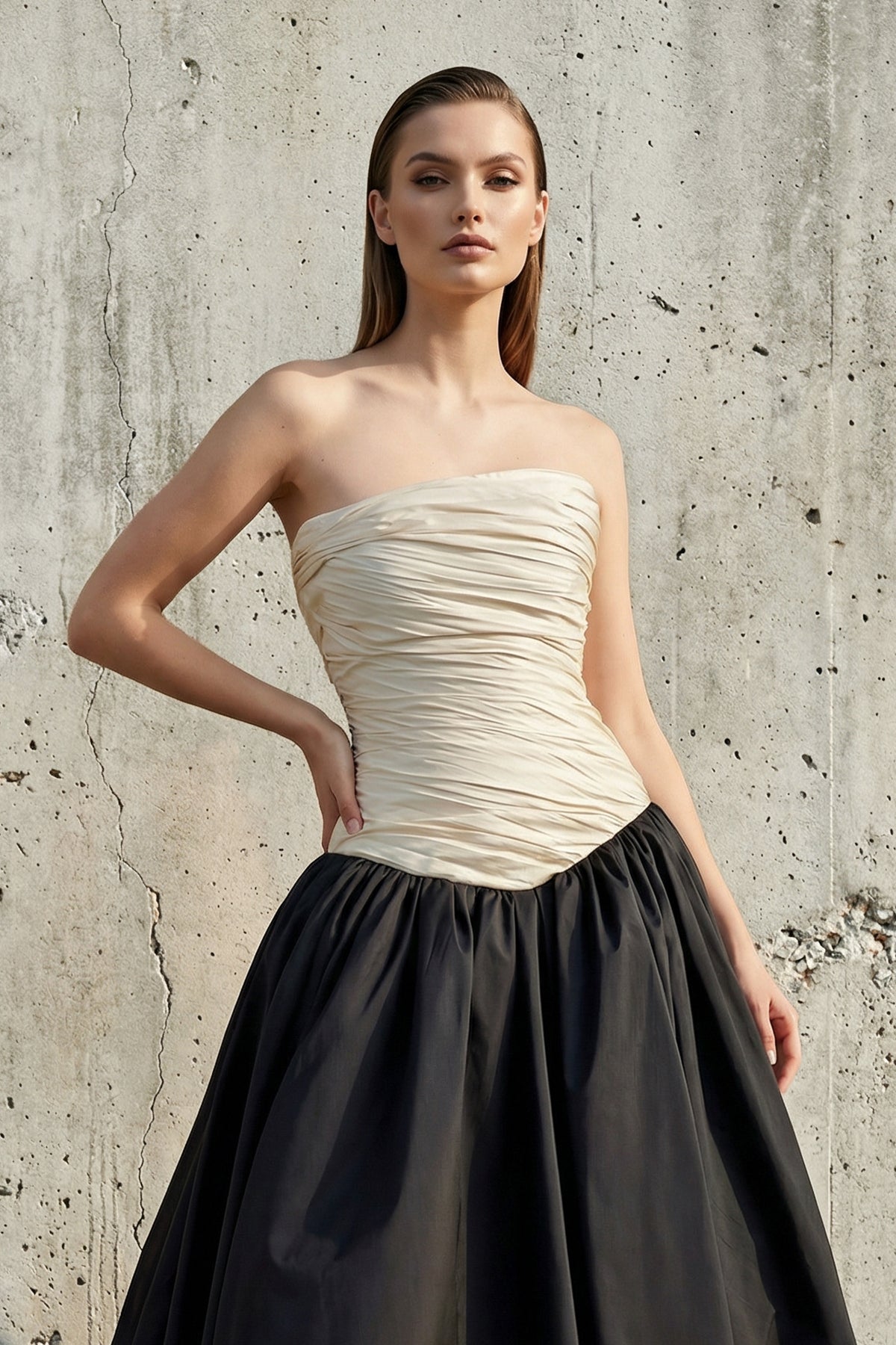 Robe longue black & ivory bustier effet drapé - Harana