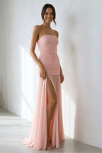 Robe longue rose poudré bustier avec fente effet drapé - Harana