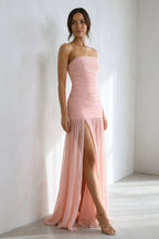 Robe longue rose poudré bustier avec fente effet drapé - Harana