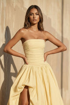 Robe longue jaune bustier avec fente effet drapé - Harana