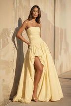 Robe longue jaune bustier avec fente effet drapé - Harana