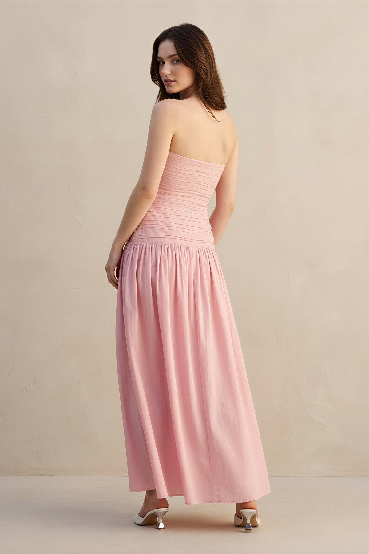Robe longue rose poudré bustier effet drapé - Harana